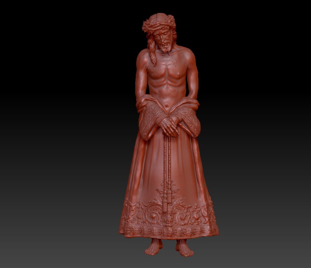 Detalle de las manos atadas y bordados de la figura 3D del Cristo de la Presentación al Pueblo.